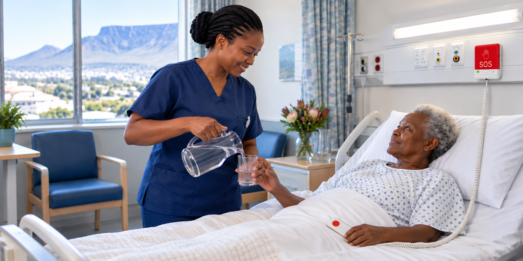 A nurse pouring water for an elderly patient in a hospital bed who holds a corded call button, with a wall-mounted SOS call unit behind the bed