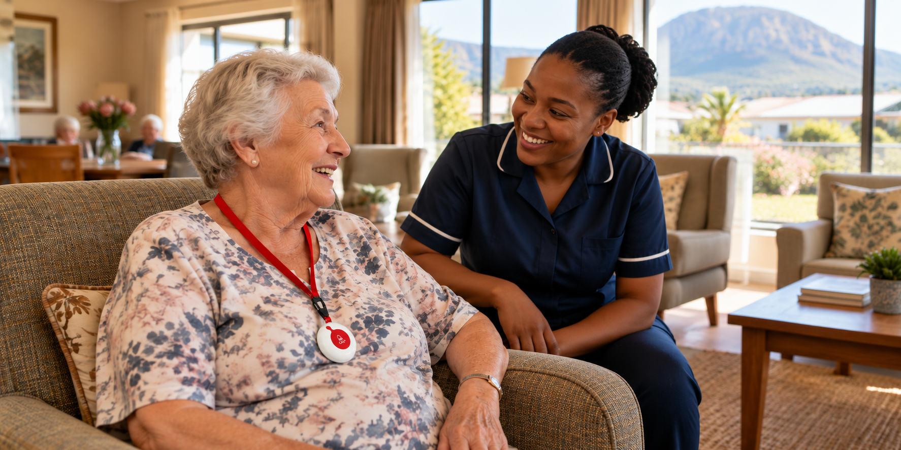 A caregiver in navy scrubs speaking with a resident wearing a BellMe call button on a red lanyard in a retirement home lounge