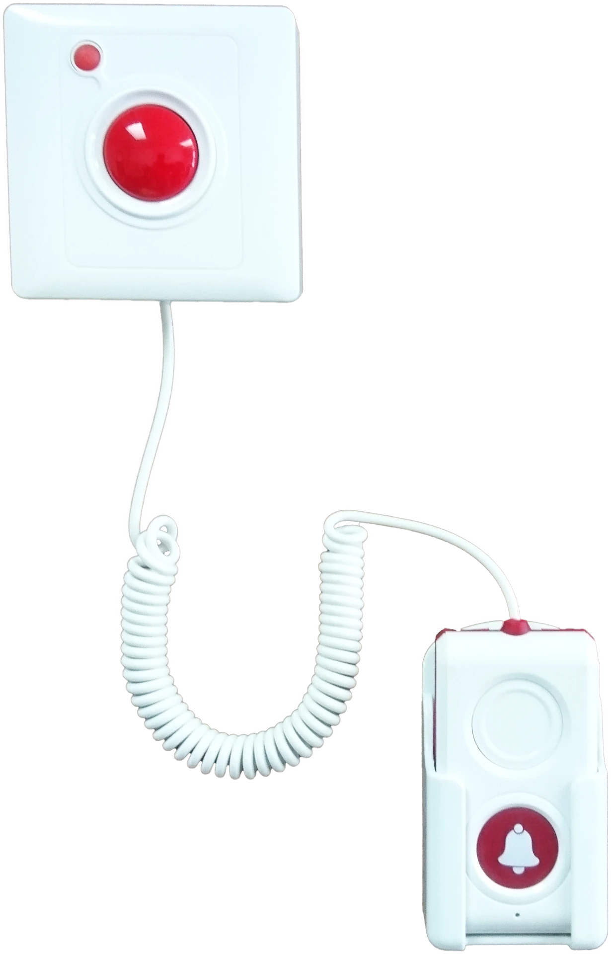 BellMe B-SW-G33 wall unit with a large red call button, connected by a coiled cord to an extended call button with a red bell pad