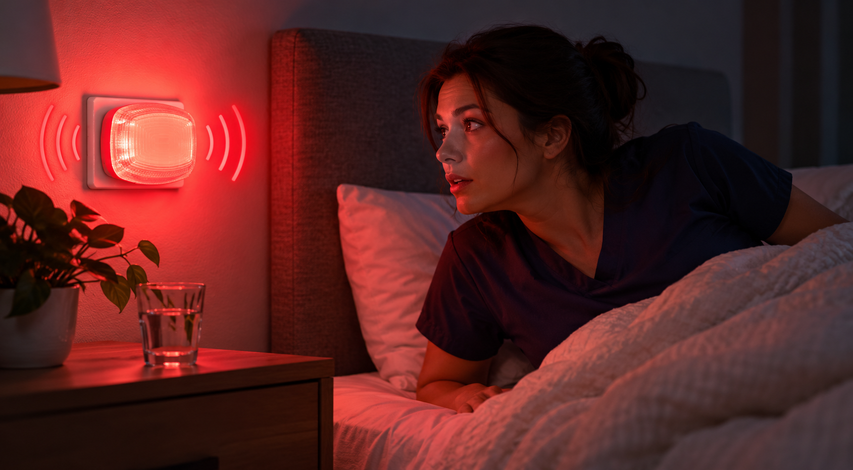A red alert light glowing on a bedroom wall at night wakes a woman in bed