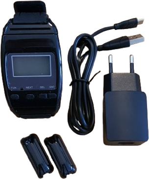 BellMe B-650 Wristwatch with its Micro-USB charging cable, plug charger and lanyard adapters