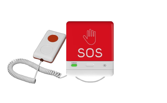 BellMe B-FS2-WR-H red SOS call unit with a cancel button, connected by a coiled cord to a large soft-press call button with an orange pad