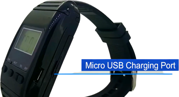 BellMe B-650 Wristwatch showing the Micro-USB charging port on its side