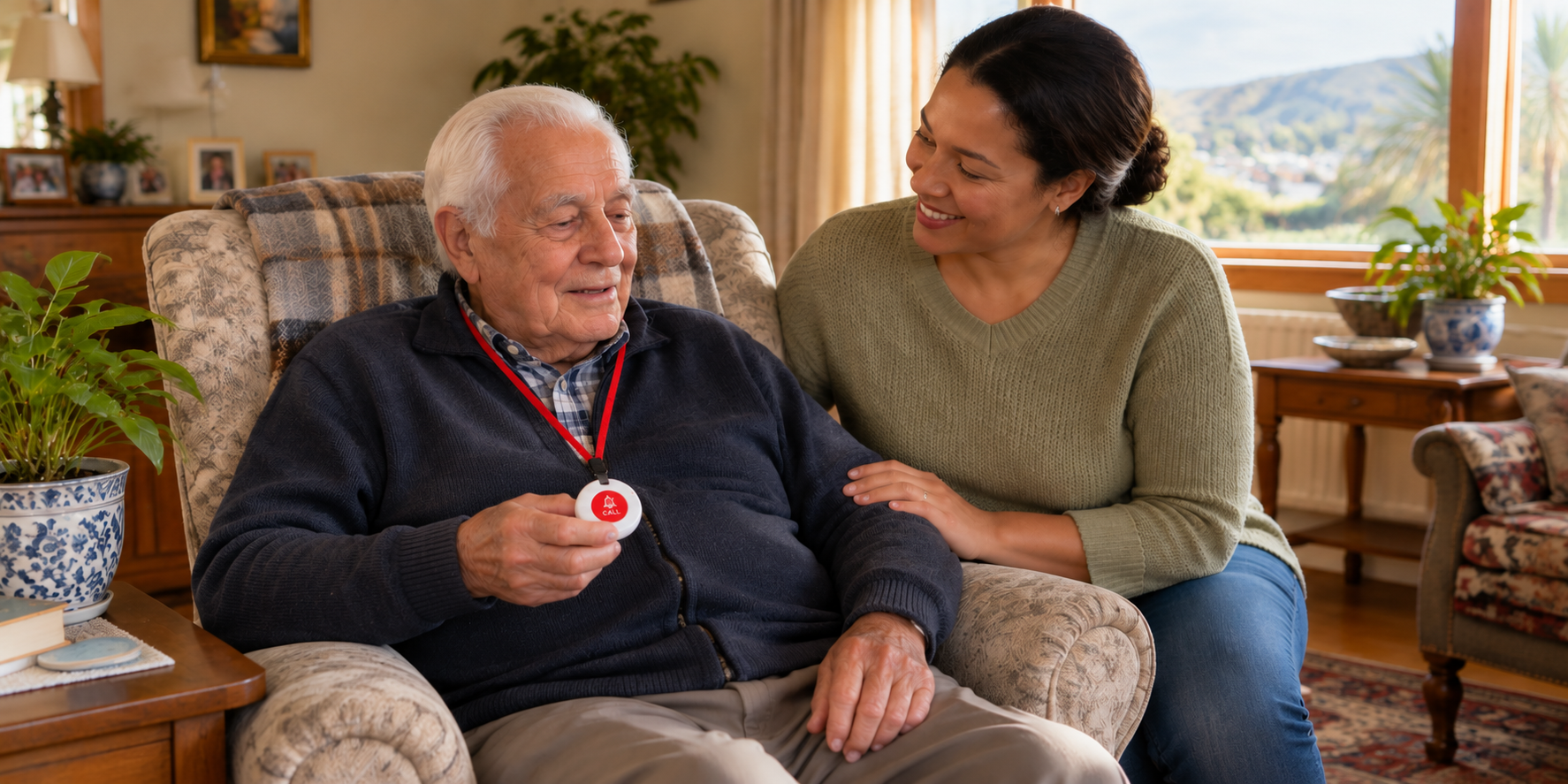 An elderly man seated in an armchair holds up a BellMe call pendant on a red lanyard while a younger woman sits beside him