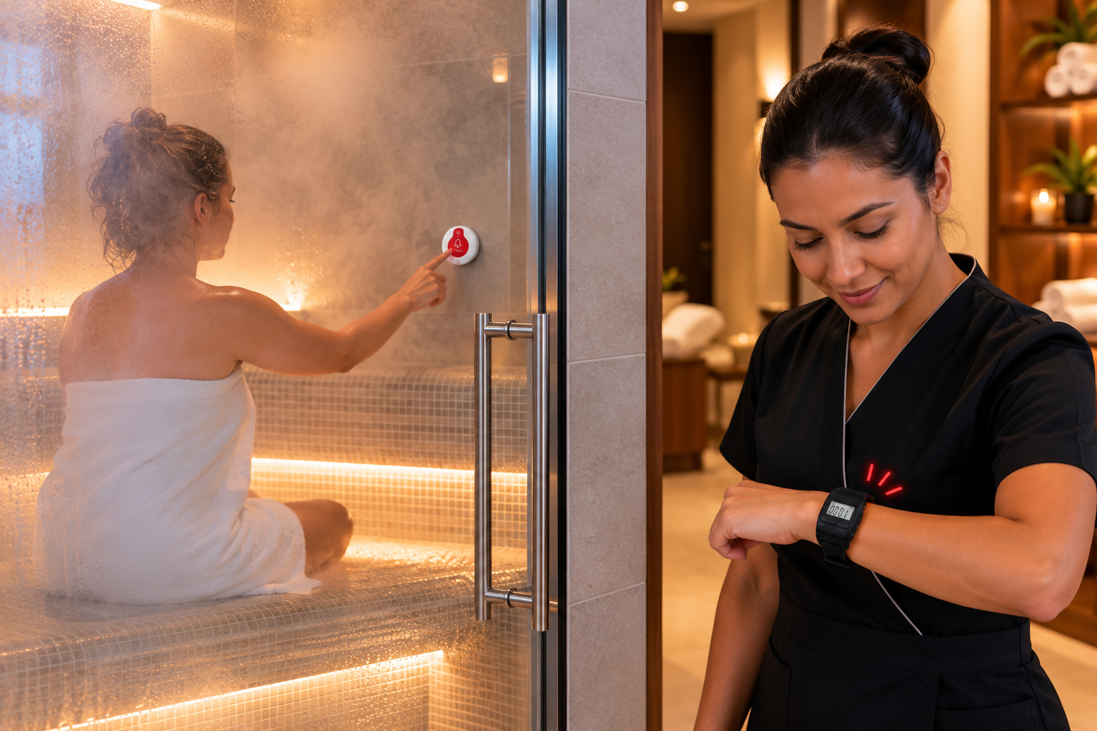 A spa guest in a steam room presses a BellMe call button while an attendant outside checks the alert on a BellMe wristwatch