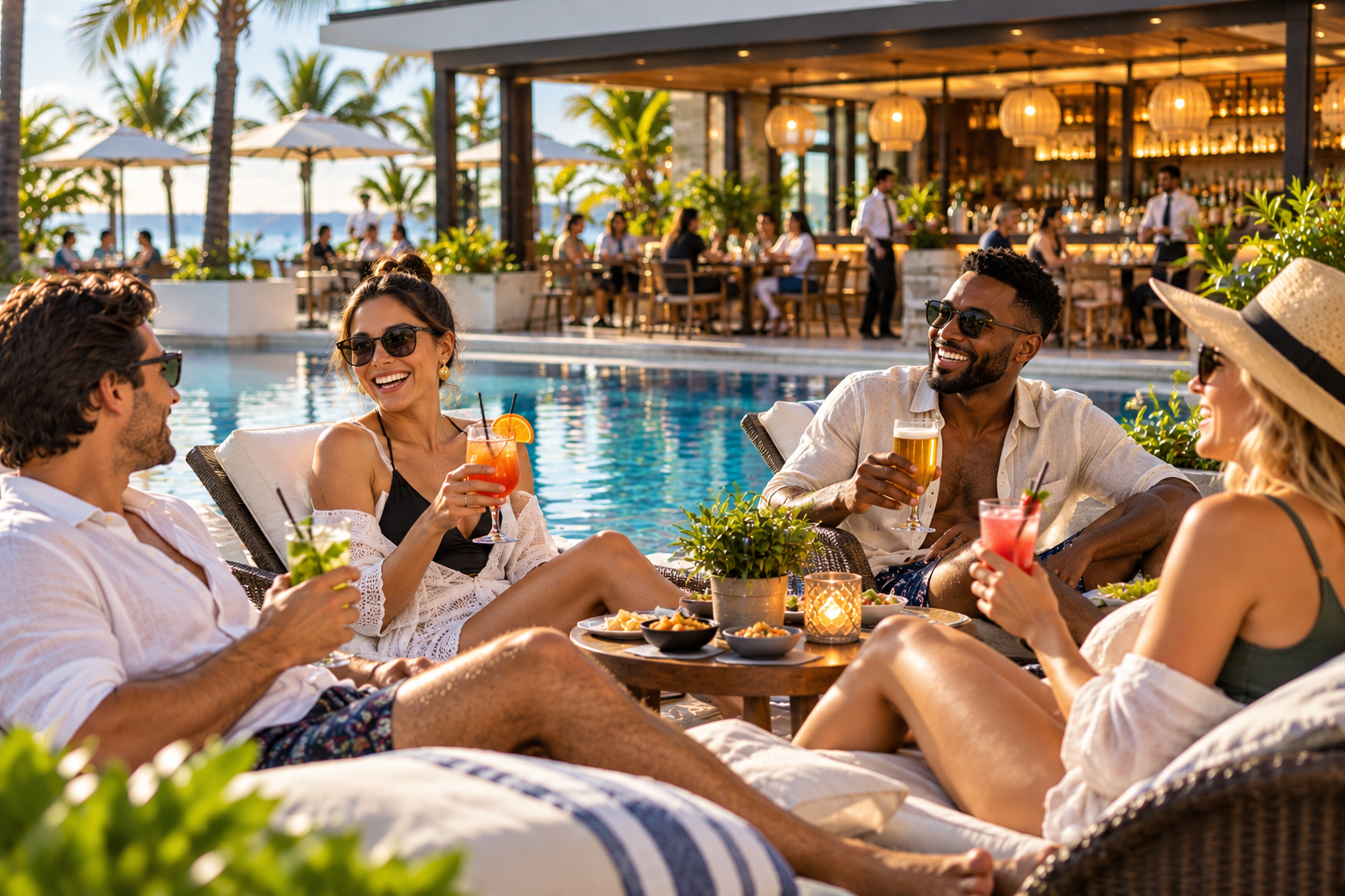 Guests relaxing with drinks on lounge chairs poolside at a hotel bar and restaurant