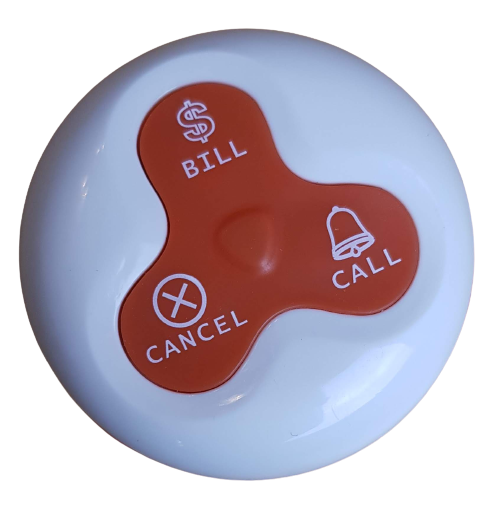 BellMe B-A3 3-Key Call Button with Call, Bill and Cancel pads on a white round unit
