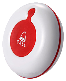 BellMe B-A1-WL wireless Single Key Call Button, a white round unit with a red CALL button