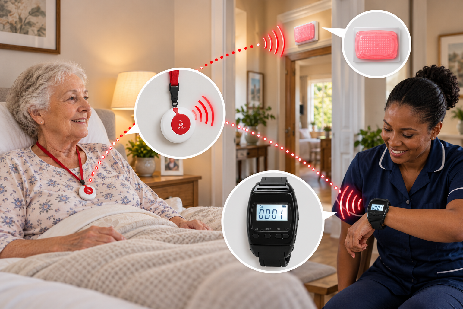 An elderly woman in bed wears a BellMe call pendant on a red lanyard while a caregiver in navy scrubs checks the wrist pager on her arm; callouts show the pendant sending a signal to a wall-mounted alert light and to the pager