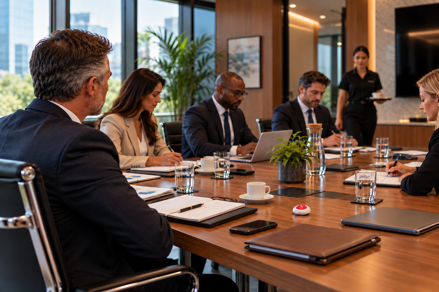 BellMe wireless call button on a corporate boardroom table